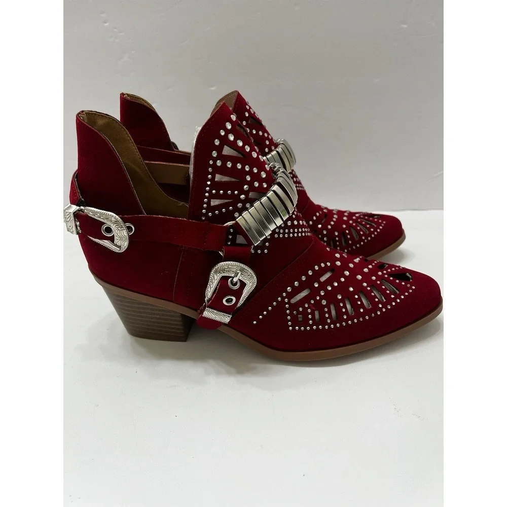 Red Faux Suede Ankle Boots Silver Accents Buckles New Without Tags Women's 7.5/8